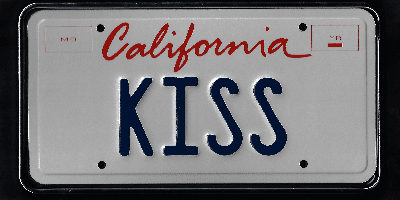 A california license plate with the word " kiss " written on it.