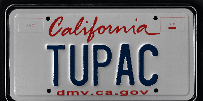 A california license plate with the word tupac on it.