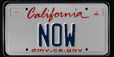 A california license plate with the word " now " written on it.