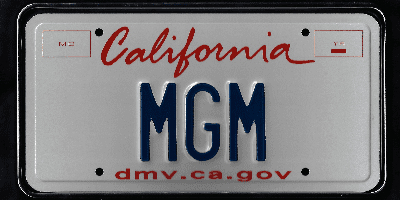 A california license plate with the letters mgm.