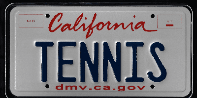 A california license plate with the word " tennis " on it.