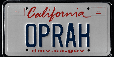 A california license plate with the word " oprah ".