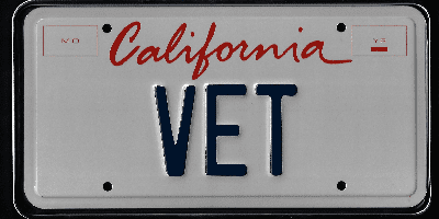 A california vet license plate with the word " california vet " written in red and blue letters.