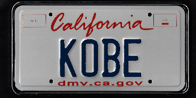 A california license plate with the word " kobe " on it.