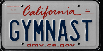 A california license plate with the word " gymnast " written in red and blue.