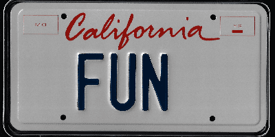 A california license plate with the word " fun " written in red and blue.