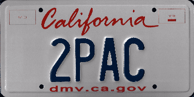 A california license plate with the word " 2 pac " on it.