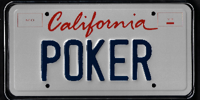 A california license plate with the word " poker " written in red and blue.