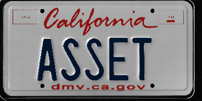 A california license plate with the word " assets " on it.