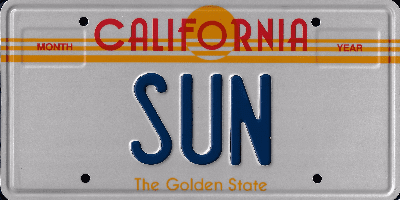 A california license plate with the word " sun " written in it.