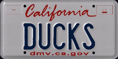 A close up of the california ducks license plate.