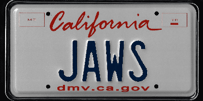 A california license plate with the word " jaws ".