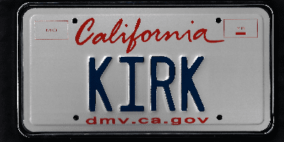 A california license plate with the name of kirk.