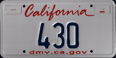 A california license plate with the number 4 3 0.