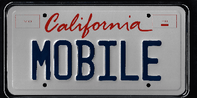 A california license plate with the word " mobile !" written on it.