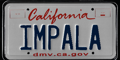 A california license plate with the word " impala " written on it.