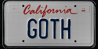 A california license plate with the word " goth " written in red and blue.