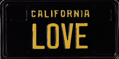 A black and yellow california love license plate.