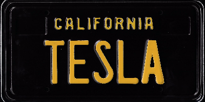 A black and yellow license plate with the words california tesla written in it.