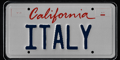 A california license plate with the word " italy " written on it.