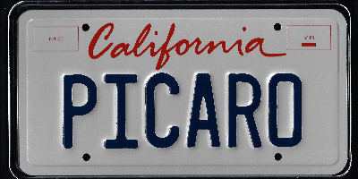 A california license plate with the word " picard " written in red and blue.