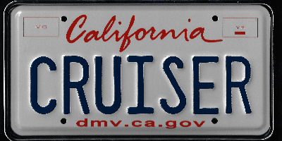 A california license plate with the word " cruise " written in red and blue.