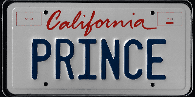 A california license plate with the word " prince " written on it.