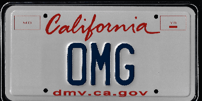 A california license plate with the word " omg " written on it.