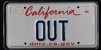 A california license plate with the word " out " written on it.