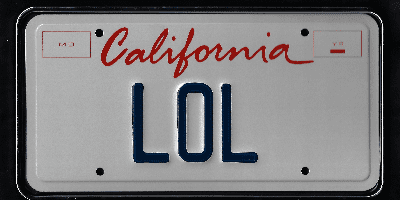 A california license plate with the word " lol " written in red and blue.