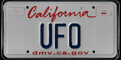 A california license plate with the word " ufo " written on it.